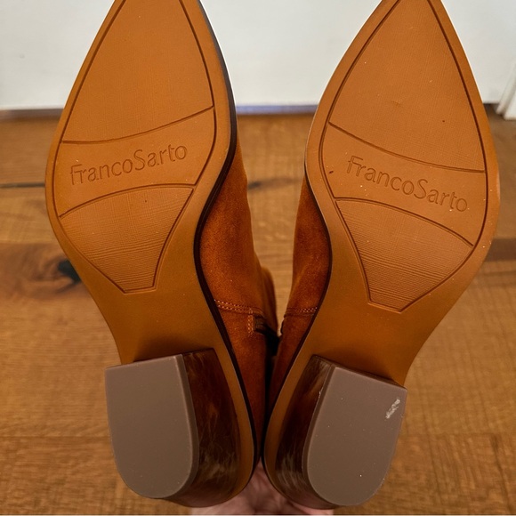 NEW Franco Sarto Sammi Suede Bootie in Camel Whiskey Brown with Metallic Heel - Picture 12 of 12